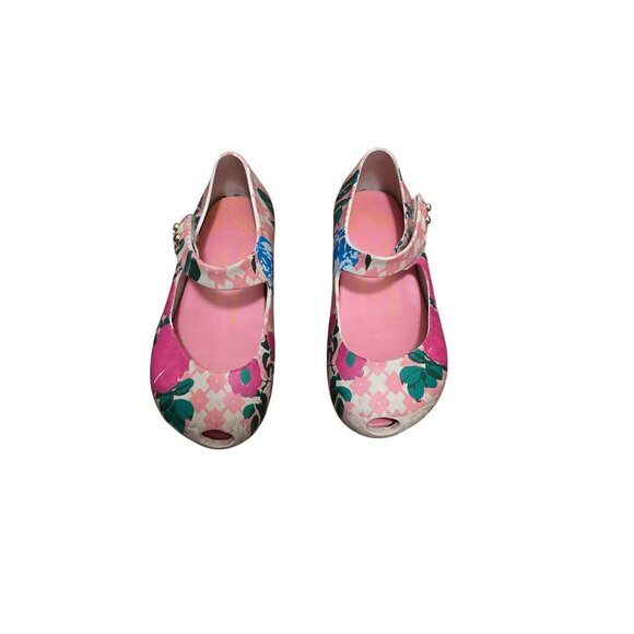 Mini Melissa Pink & Multicolor Floral Mary Jane Shoes Adjustable Strap Size 6 - Picture 1 of 10